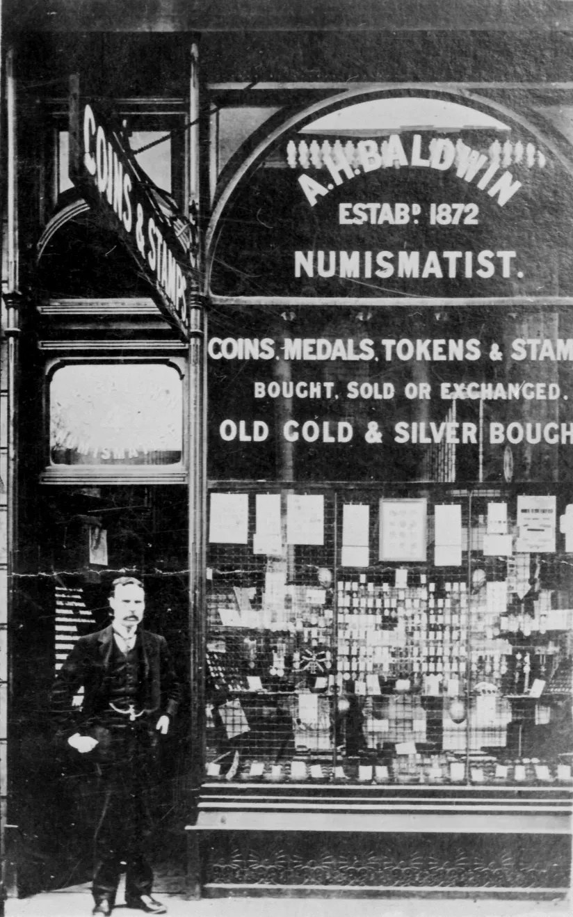 The early A.H. Baldwin & Sons numismatist shopfront, established 1872